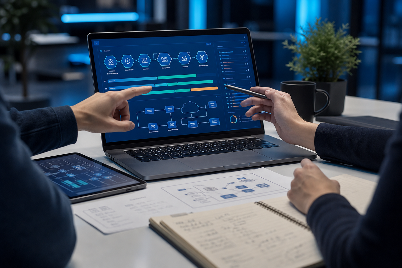 AI software consultation scene with architecture planning on a laptop.