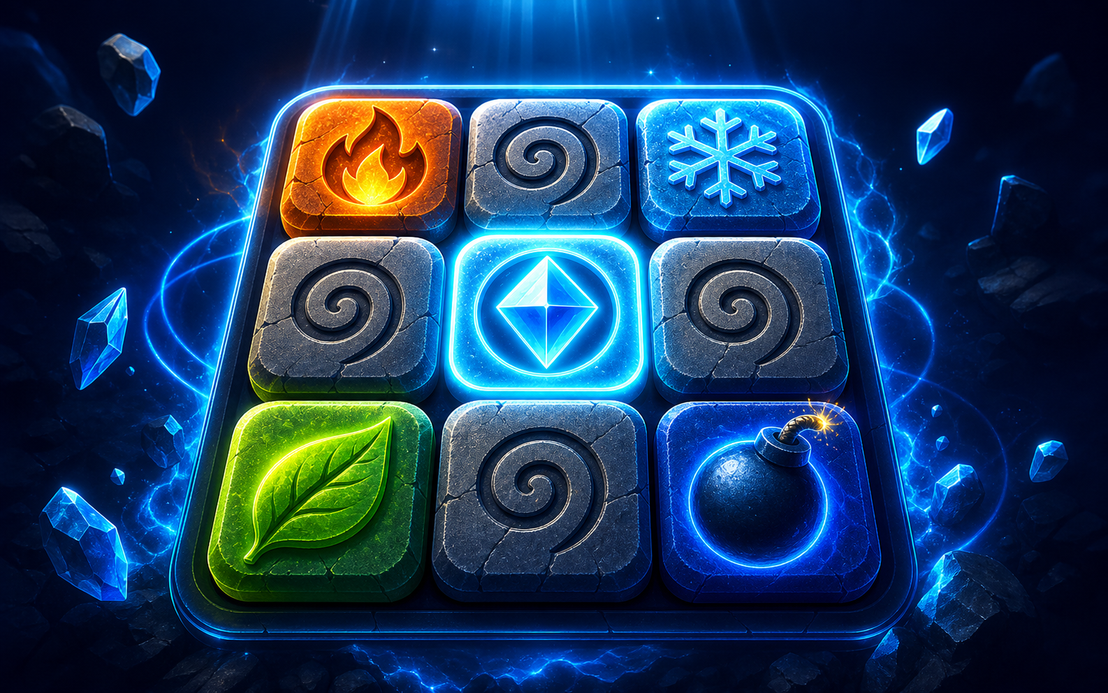 AURA Tiles elemental 2.5D puzzle game board with ocean blue lighting.